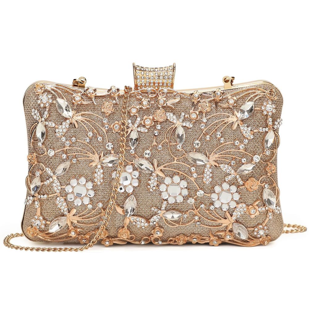 Golden Rhinestone Clutch – Bridal Evening Purse with Chain Strap